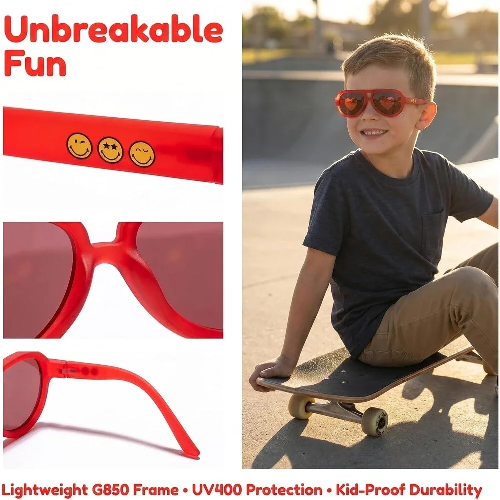 Kids Red Pilot Polarized Sunglasses Heart Lenses Flexible G850 Frame